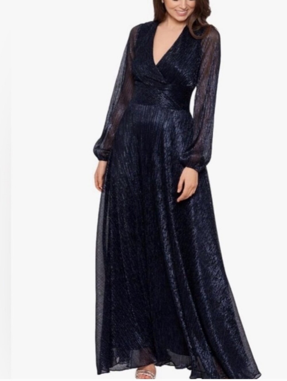 Betsy And Adam Elegant Long Sleeve V-Neck Navy Evening Dress. Metallic. - Picture 12 of 12